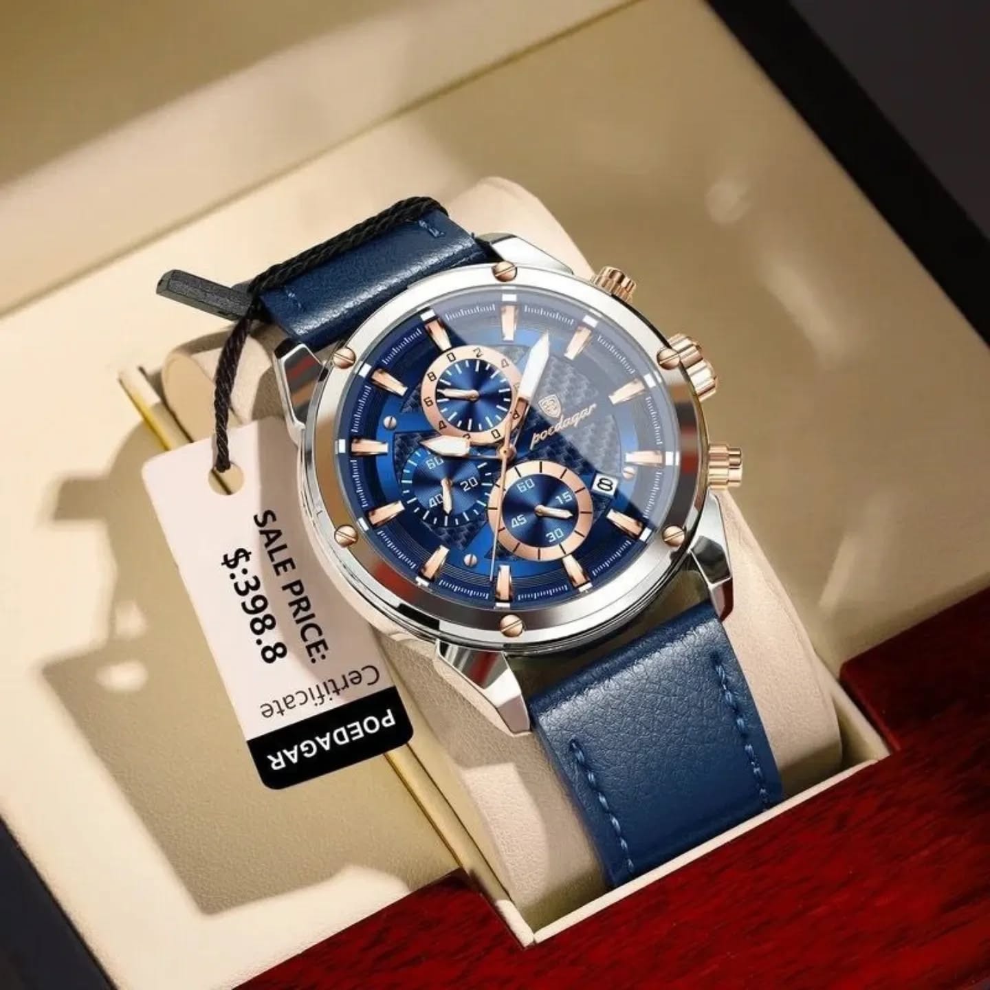 Premium blue chronograph watch at Bobvic Watches
