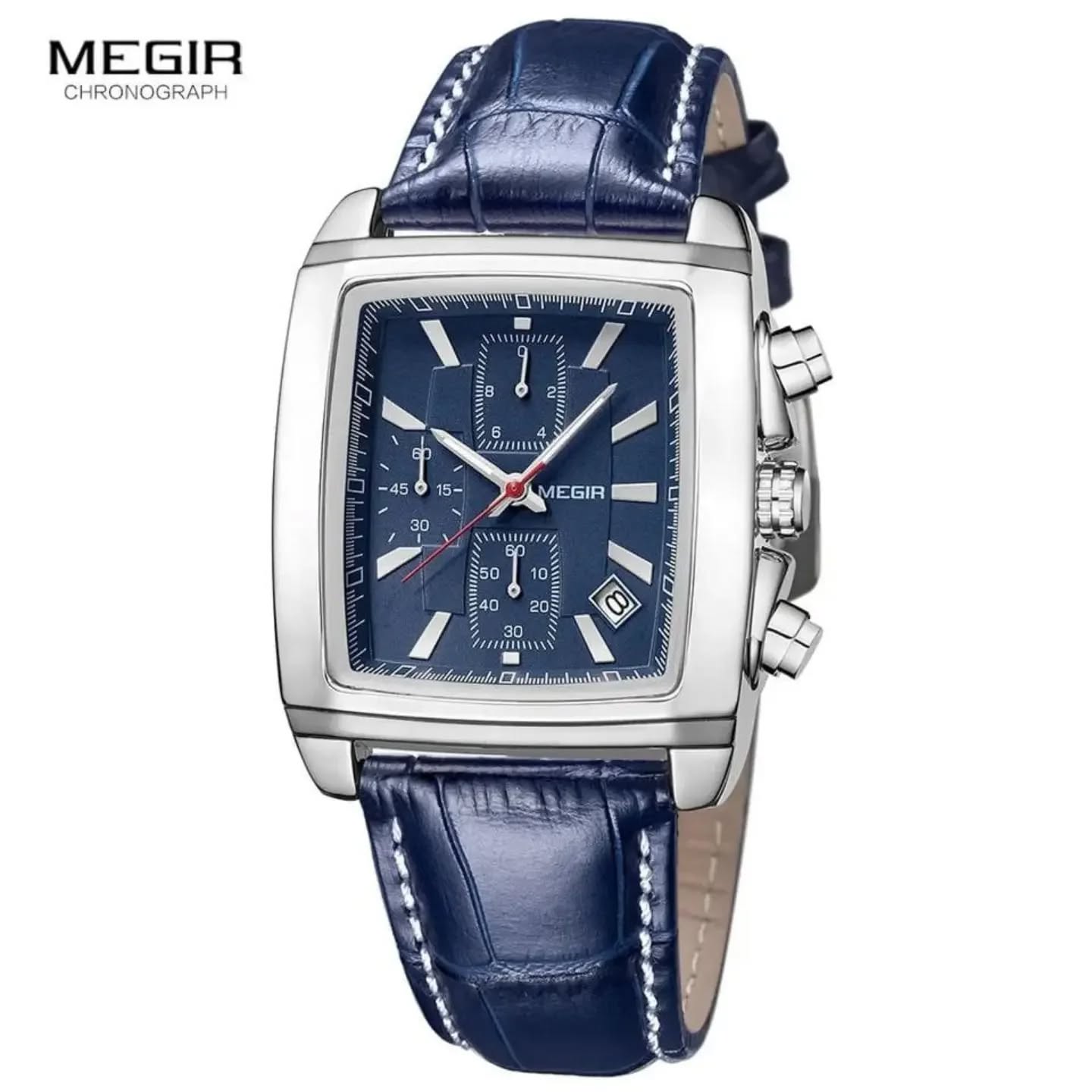 Blue rectangular chronograph watch at Bobvic Watches